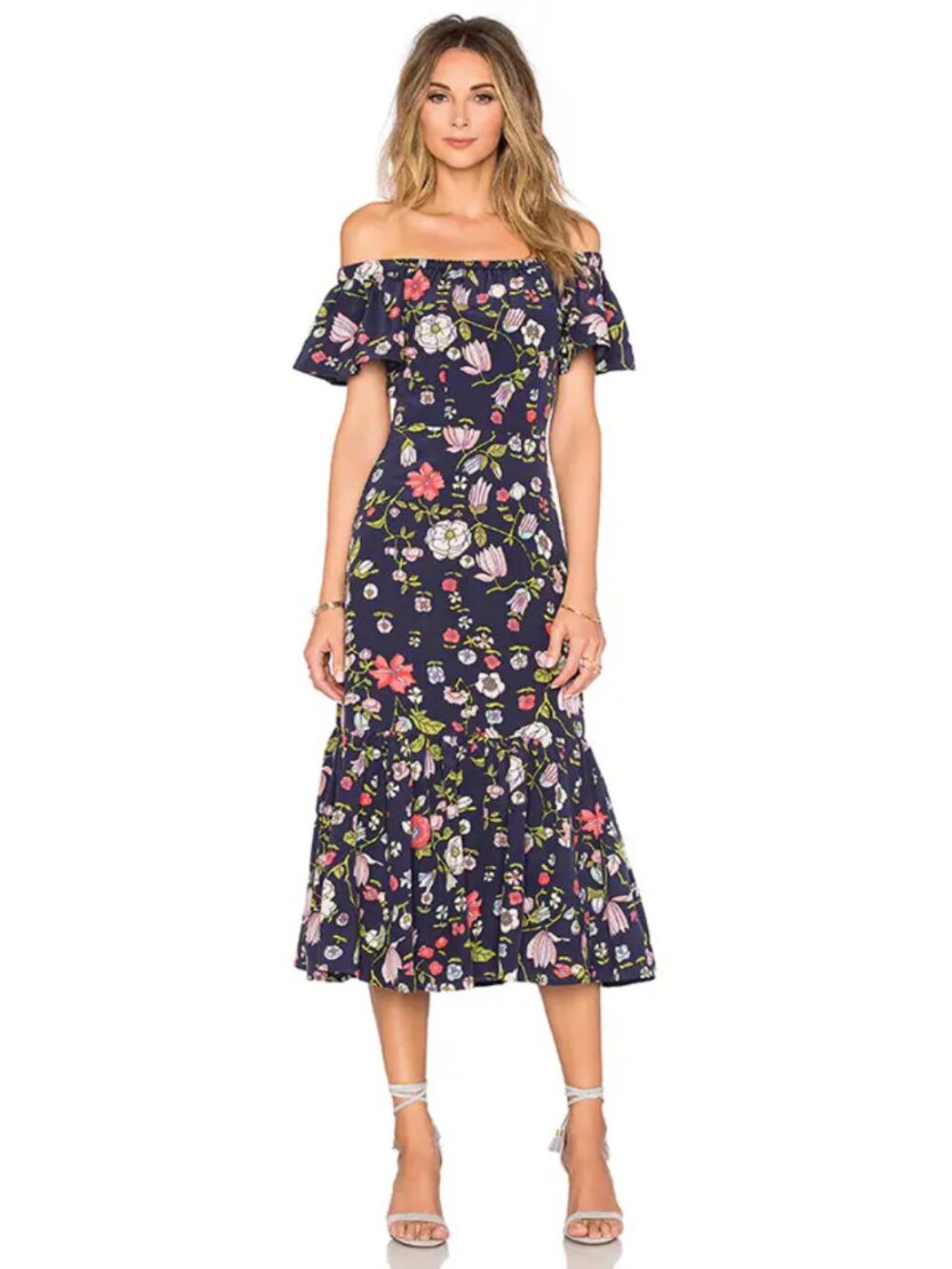 REBECCA TAYLOR Floral Tapestry Garden Off Shoulder Silk Midi Dress Size 8